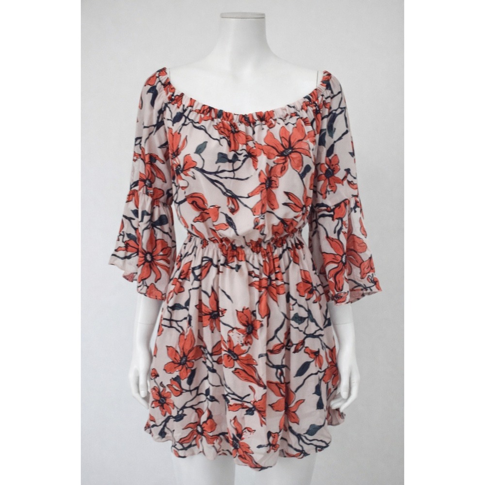 Lulus Orange Floral Off The Shoulder Bell Sleeve Mini‎ Dress Womens Small